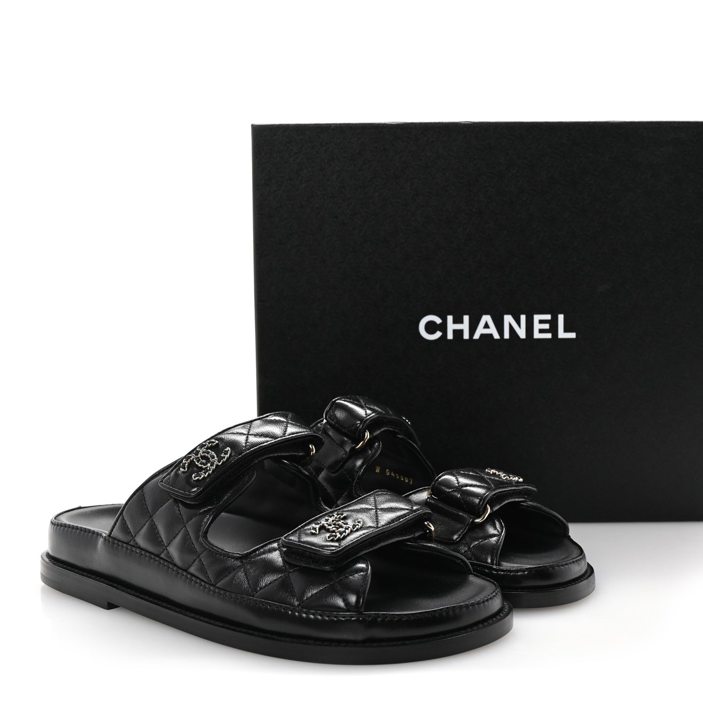 Lambskin Quilted Velcro Dad Chain CC Slide Sandals 37.5 Black