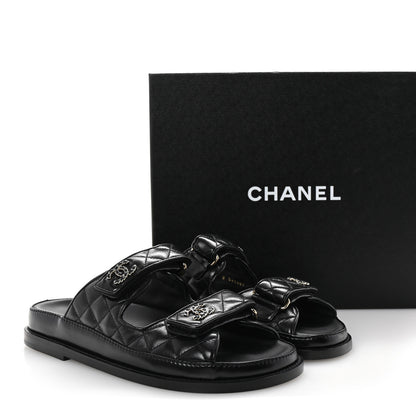 Chanel Lambskin Quilted Velcro Dad Chain CC Slide Sandals 37.5 Black 10 of 10