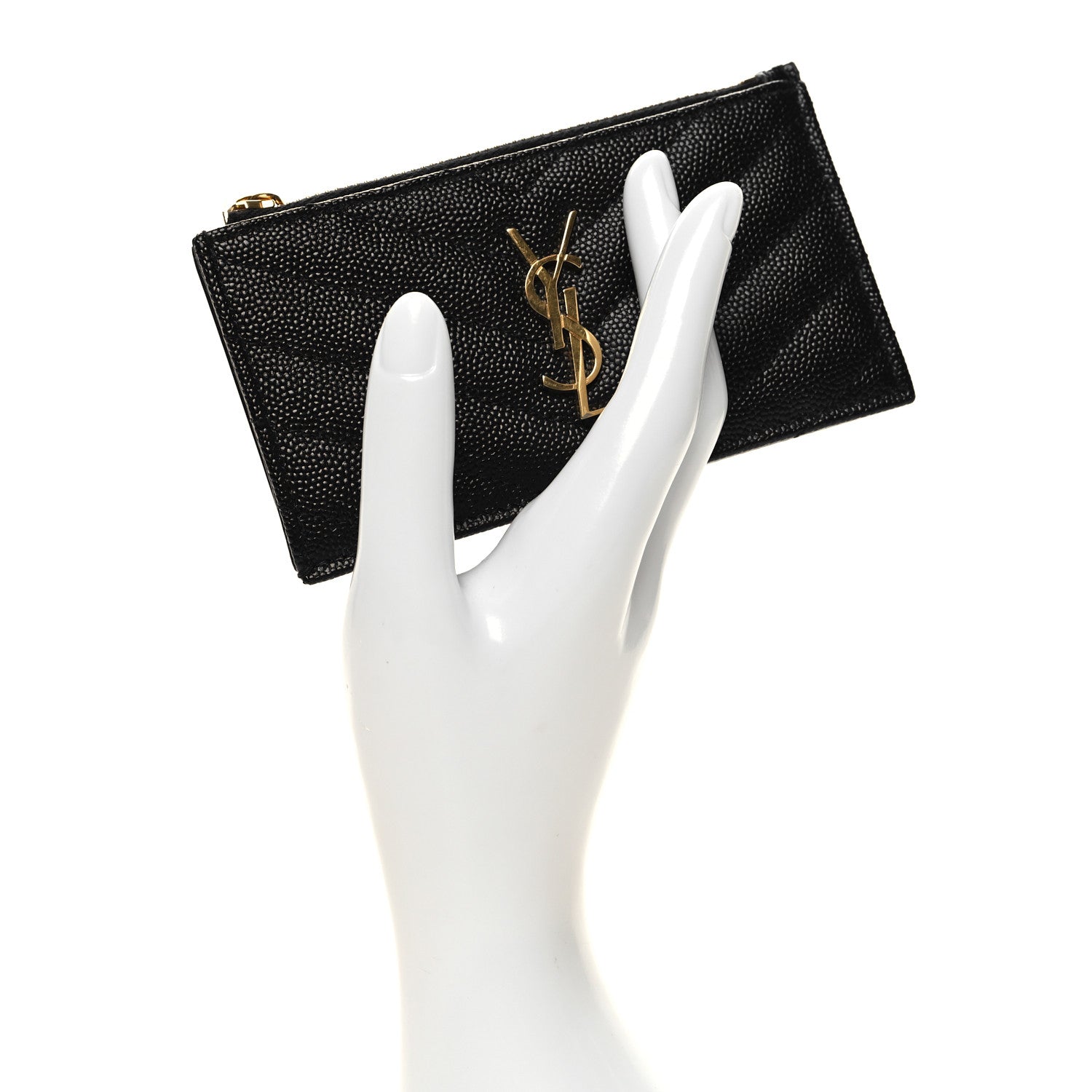 Saint Laurent Grain De Poudre Matelasse Chevron Monogram Fragments Zippered Card Case Black 2 of 9