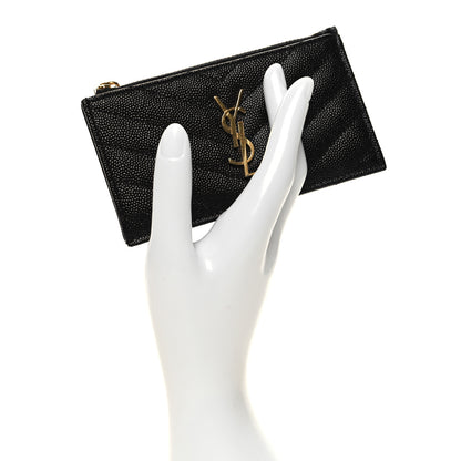 Saint Laurent Grain De Poudre Matelasse Chevron Monogram Fragments Zippered Card Case Black 2 of 9
