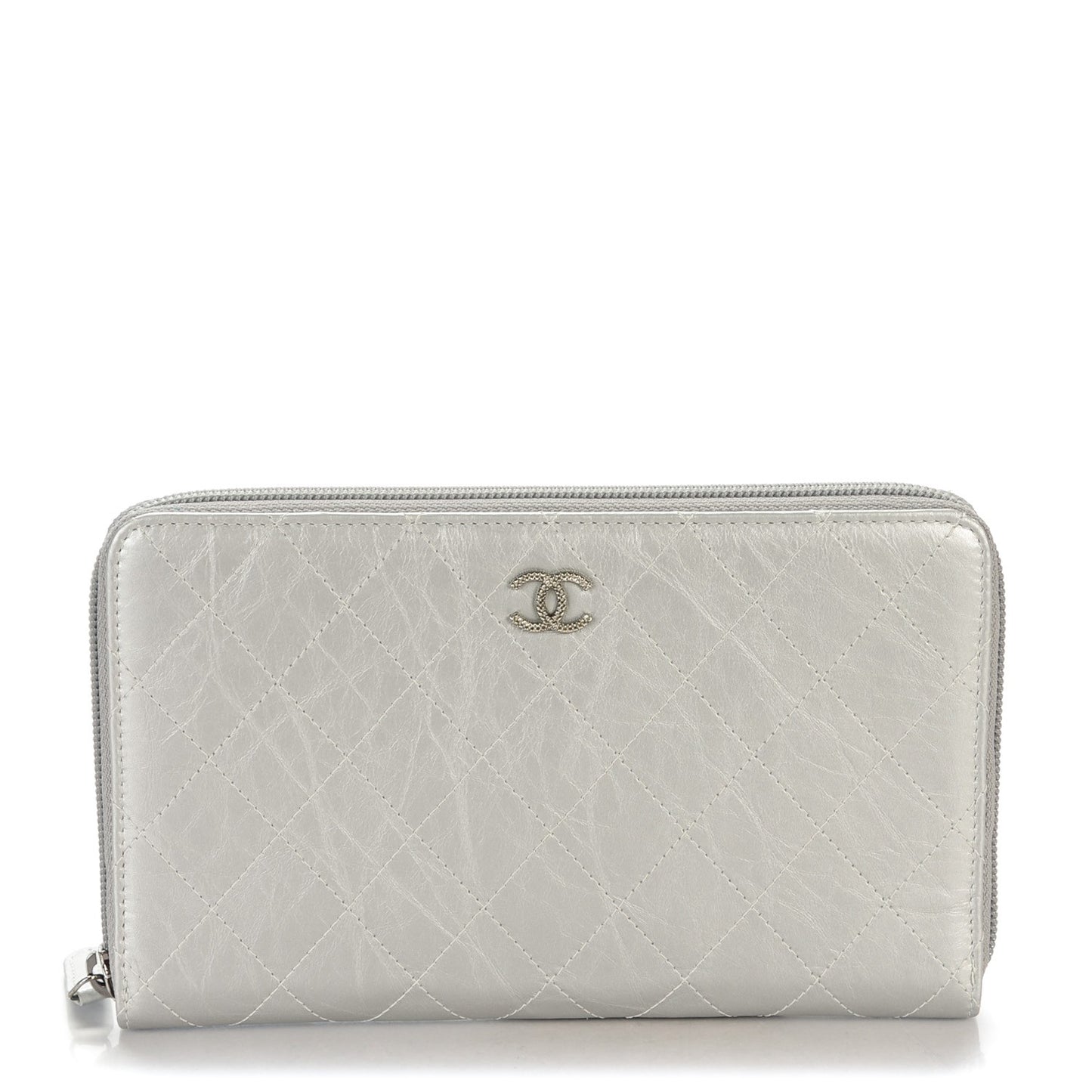 Metallic Aged Calfskin Quilted Palette Large Zip Around Organizer Wallet Silver