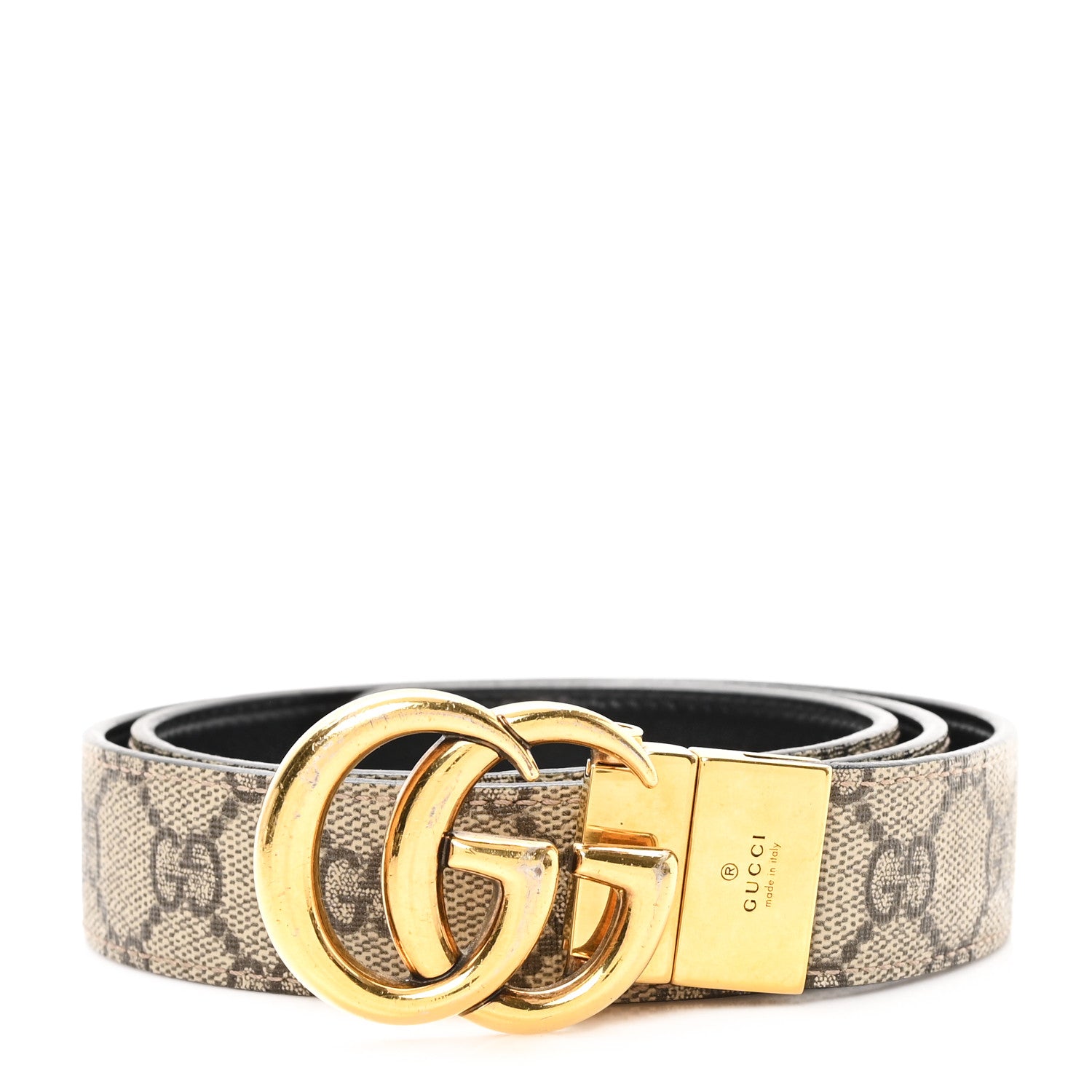 Gucci GG Supreme Monogram Plutone Calfskin Double G Reversible 30mm Belt 85 34 Beige Ebony Black 1 of 6