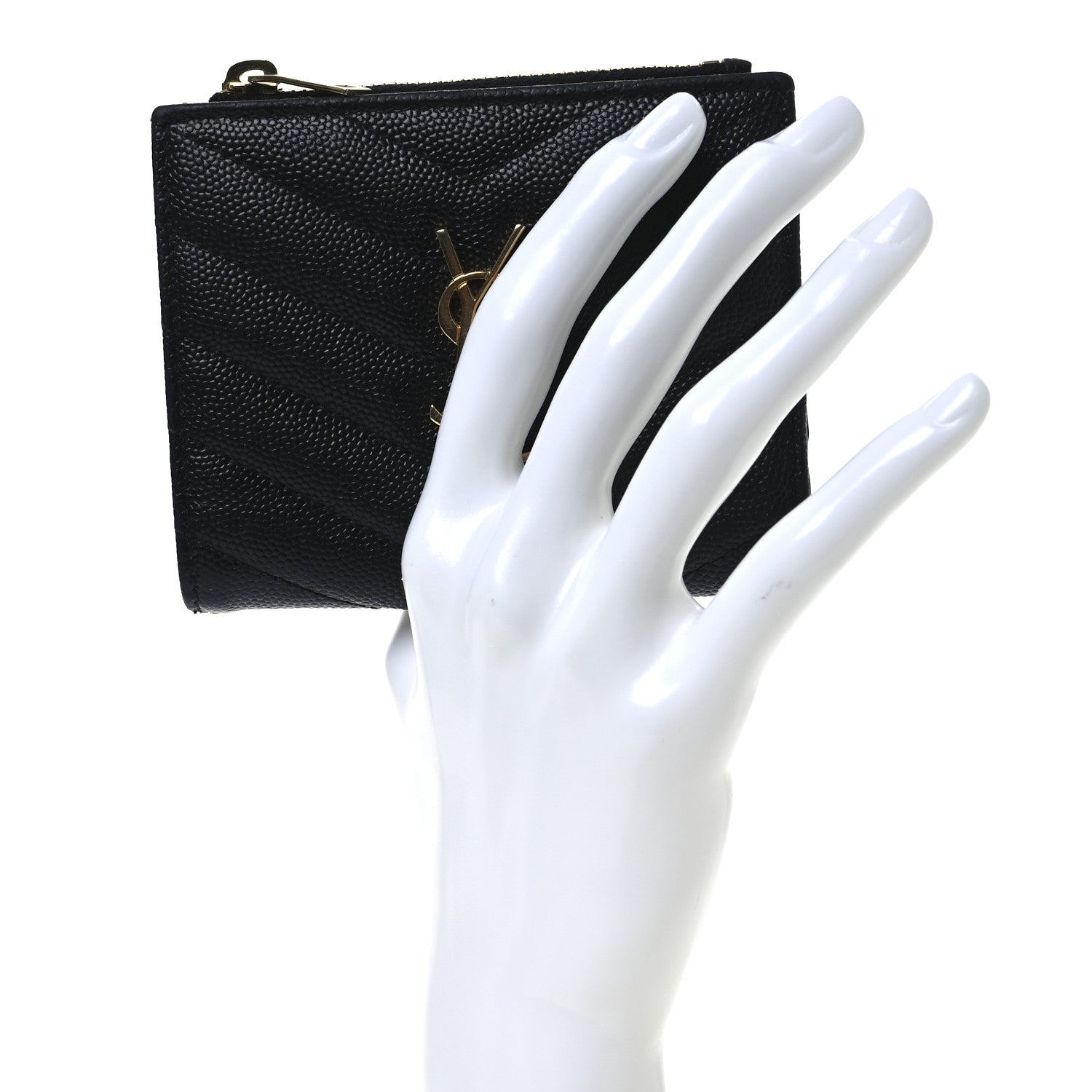 Saint Laurent Grain De Poudre Matelasse Chevron Monogram Zipped Card Case Black 2 of 9