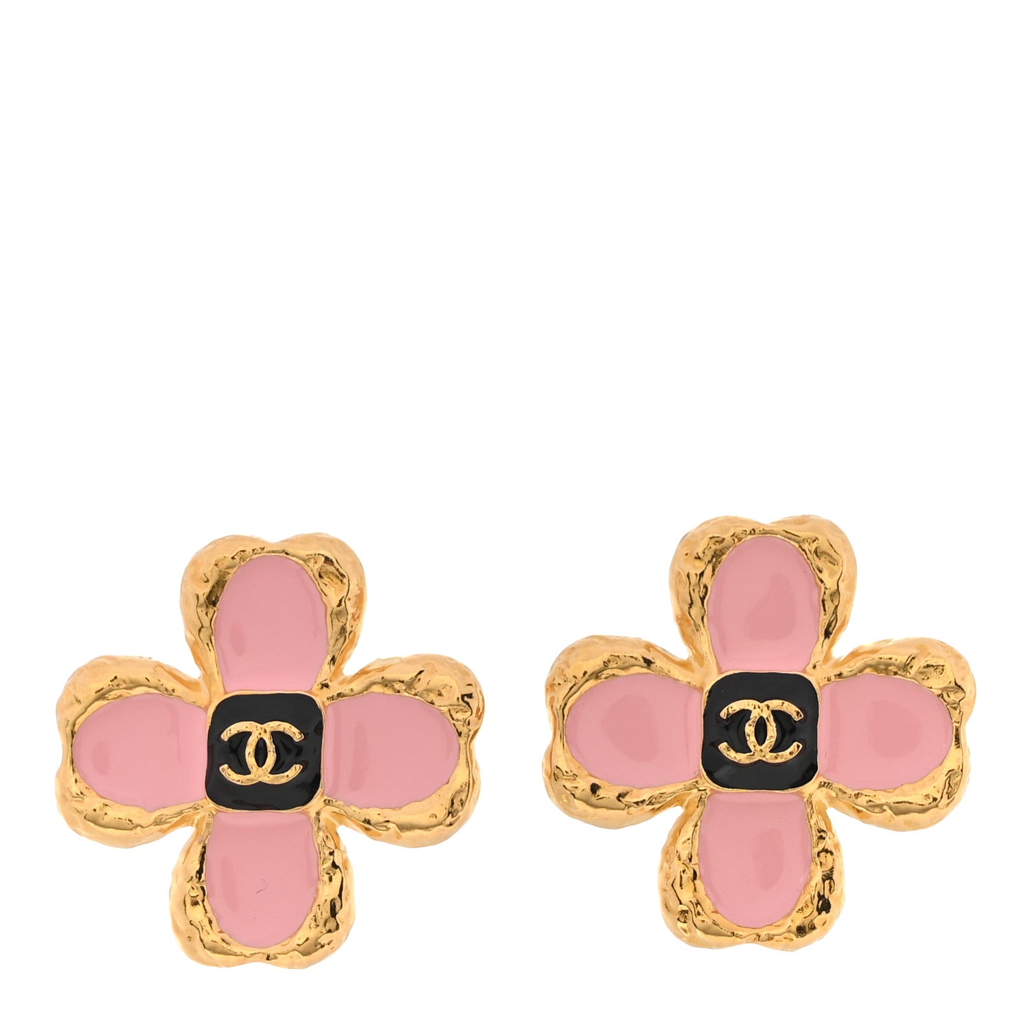 Chanel Resin Metal Glass CC Clover Earrings Gold Black Pink 1 of 4
