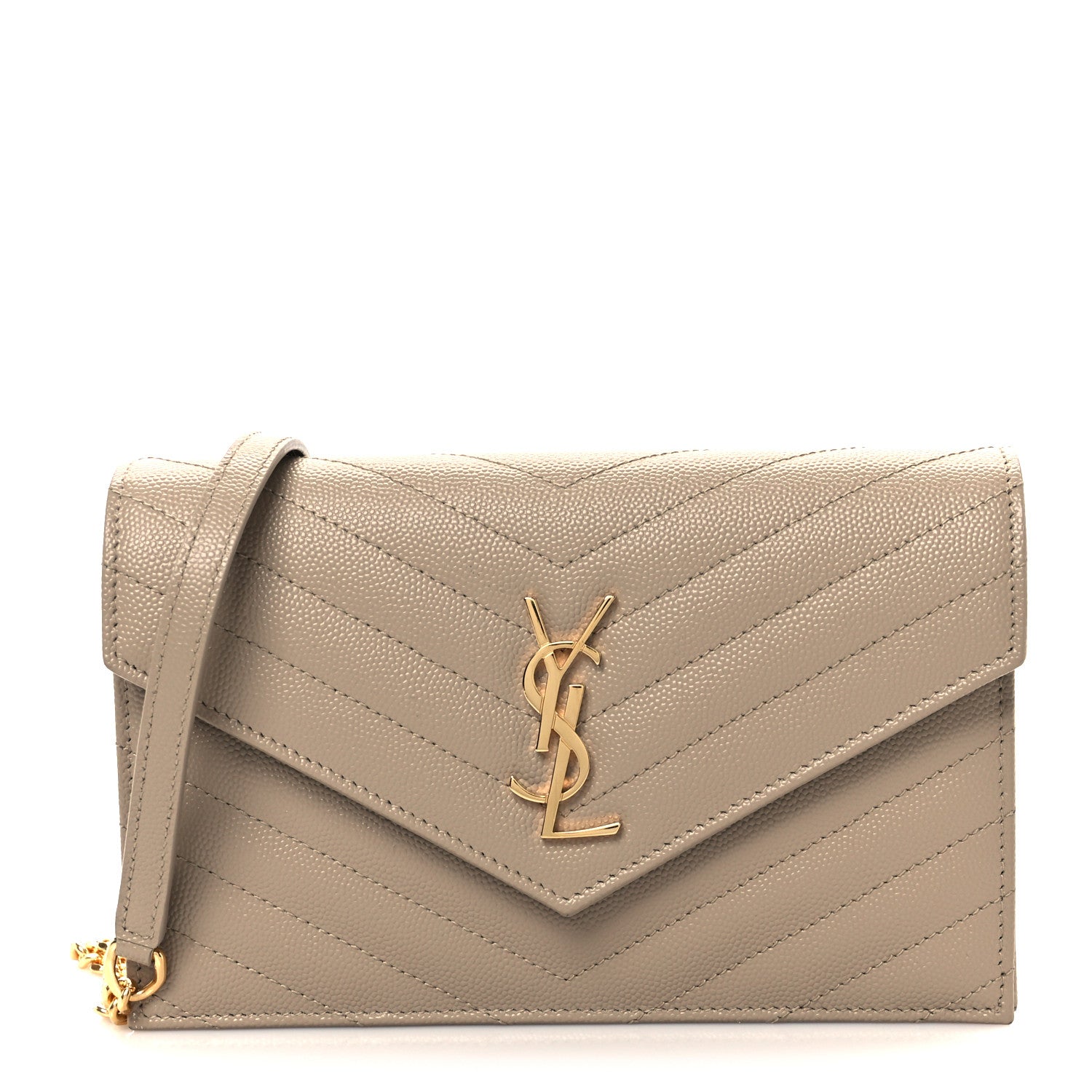 Saint Laurent Grain De Poudre Matelasse Chevron Monogram Envelope Chain Wallet Dark Beige 1 of 19