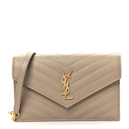 Saint Laurent Grain De Poudre Matelasse Chevron Monogram Envelope Chain Wallet Dark Beige 1 of 19