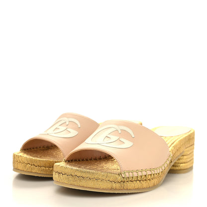 Gucci Malaga Kid Lifford Calfskin GG Mid Heel Slide Sandals 37 Skin Rose Dusty White 3 of 9