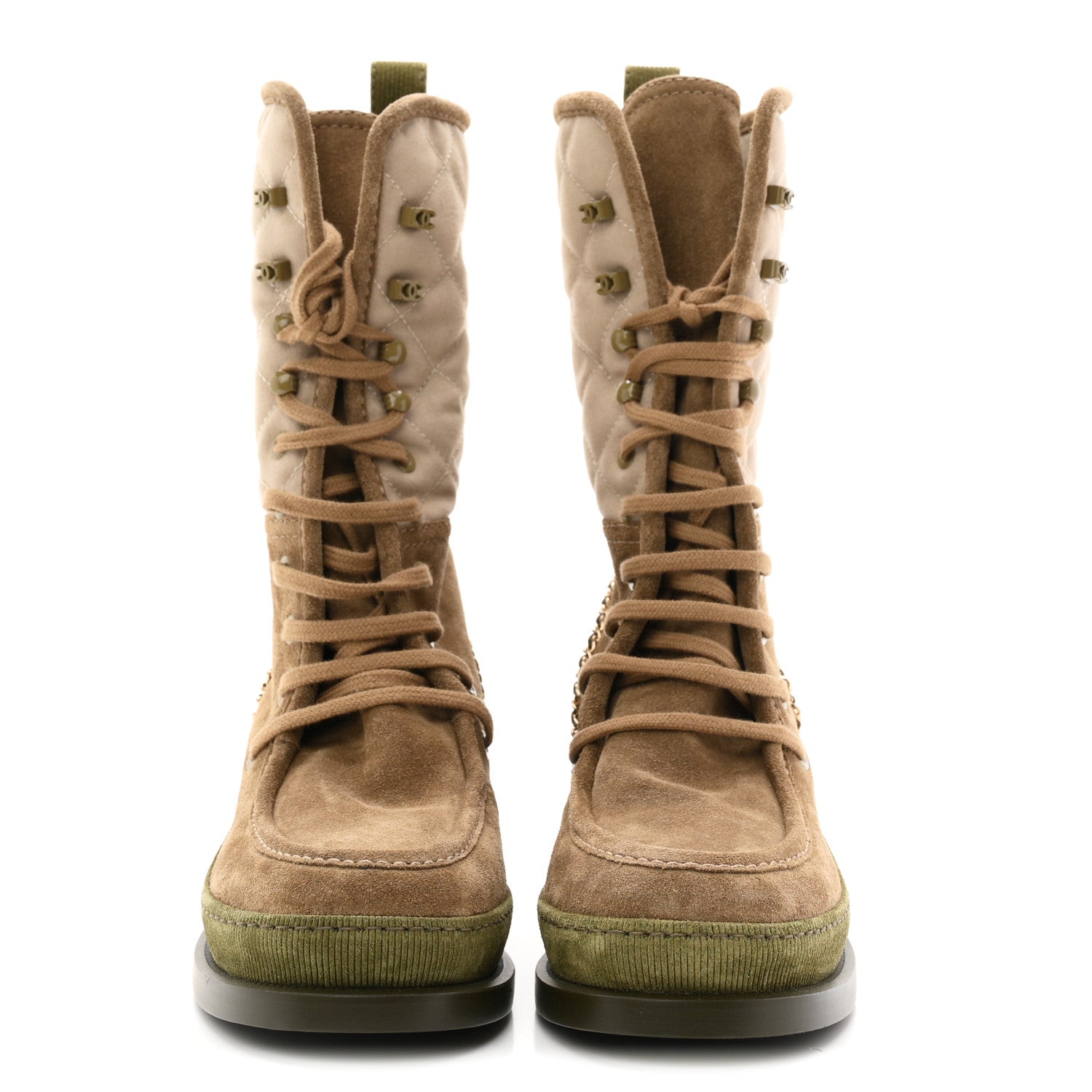 Chanel Suede Calfskin Cotton Quilted CC Chain Combat Boots 38 Light Grey Brown Khaki 3 of 10