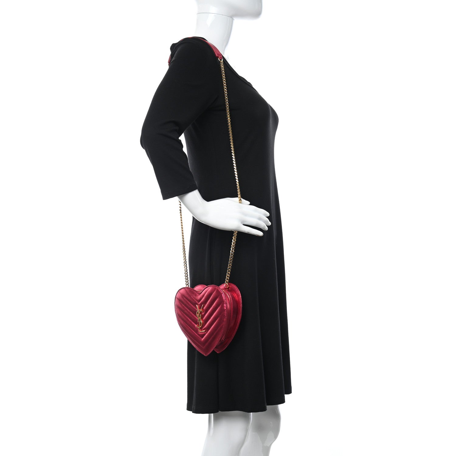 Saint Laurent Metallic Calfskin Matelasse Chevron Monogram Small Love Heart Chain Bag Red 2 of 14