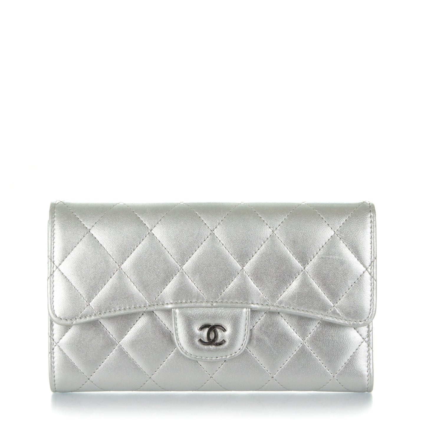 Metallic Lambskin Quilted Large Flap Wallet Silver