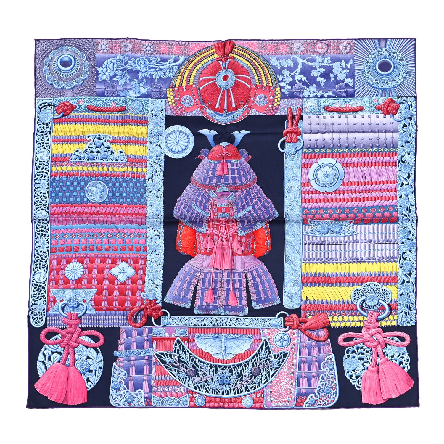 Hermes Silk Parures de Samourais Scarf 90 Marine Rose Bleu Glacier 1 of 5