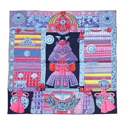Hermes Silk Parures de Samourais Scarf 90 Marine Rose Bleu Glacier 1 of 5