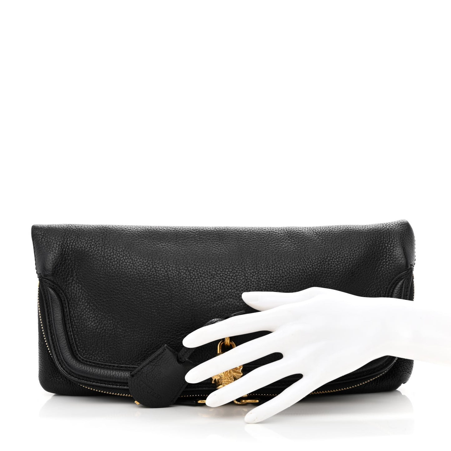 Grainy Calfskin Padlock Skull Clutch Black