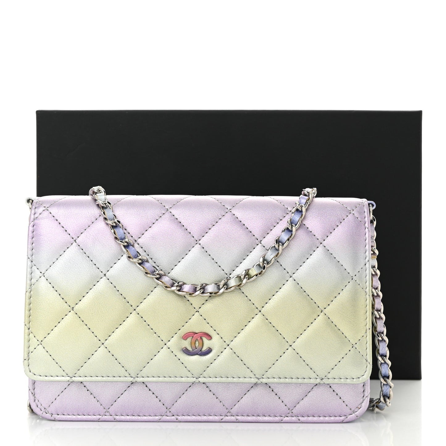 Gradient Metallic Calfskin Quilted Wallet On Chain WOC Silver Blue Yellow Purple