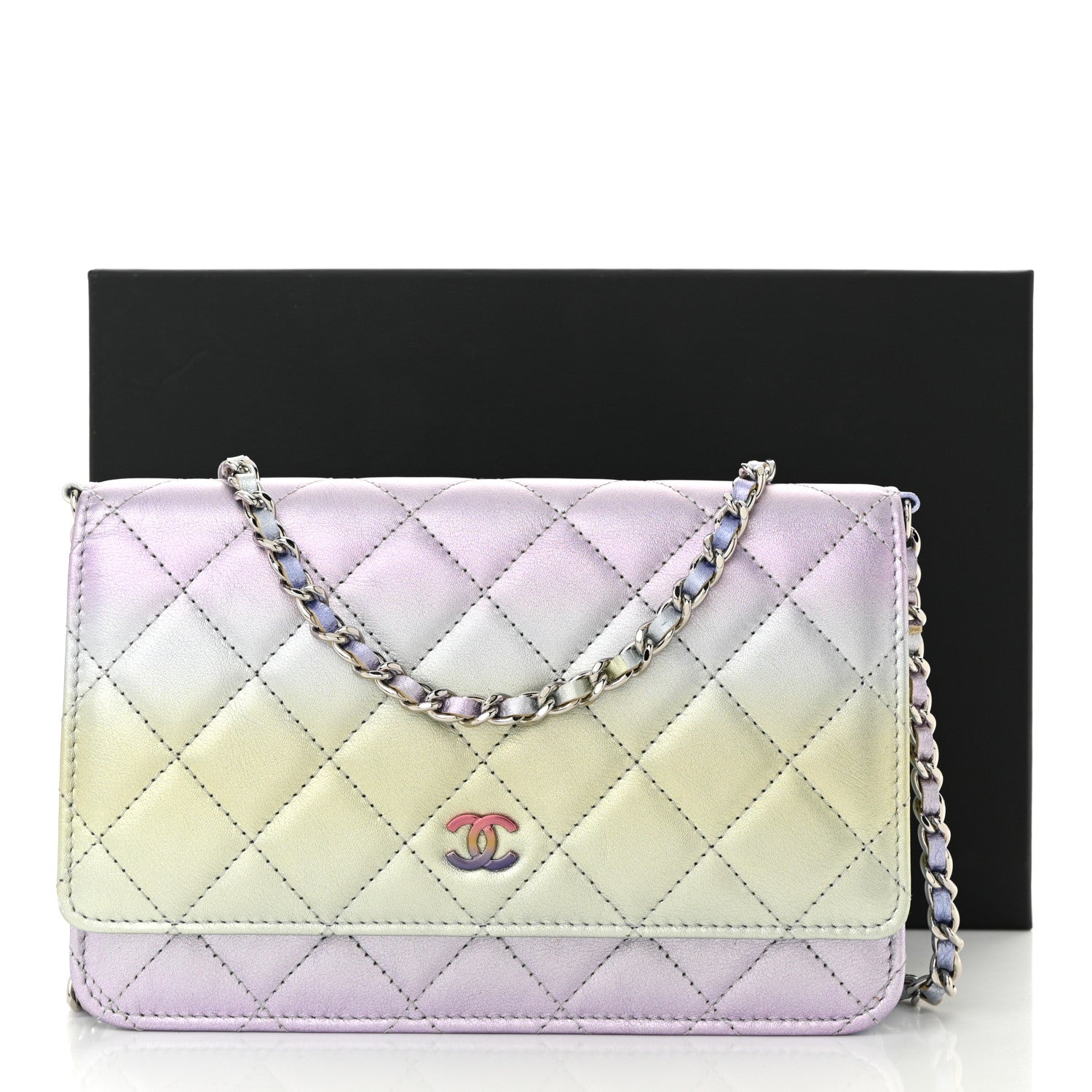 Chanel Gradient Metallic Calfskin Quilted Wallet On Chain WOC Silver Blue Yellow Purple 12 of 12