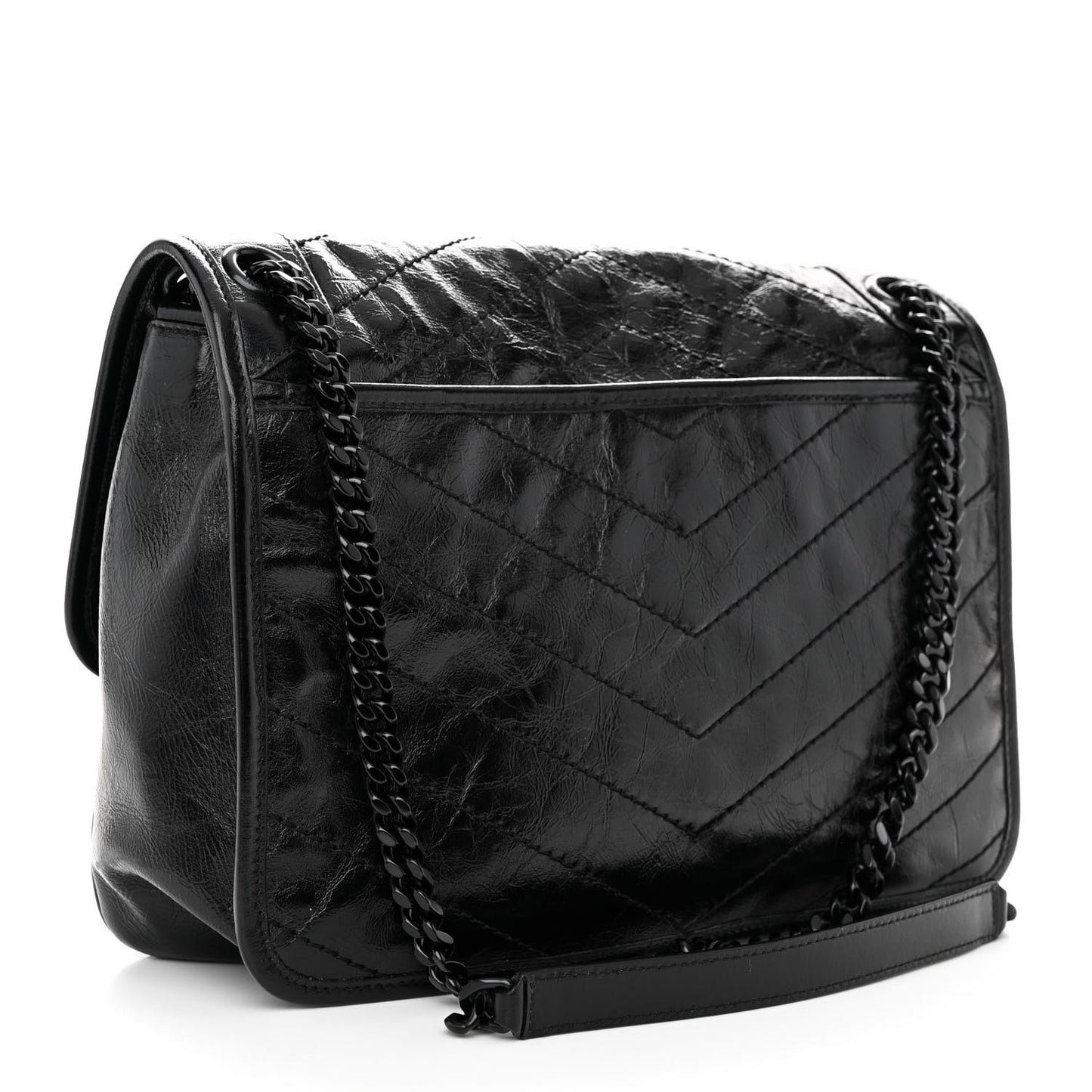 Crinkled Calfskin Matelasse Monogram Medium Niki Chain Satchel Black