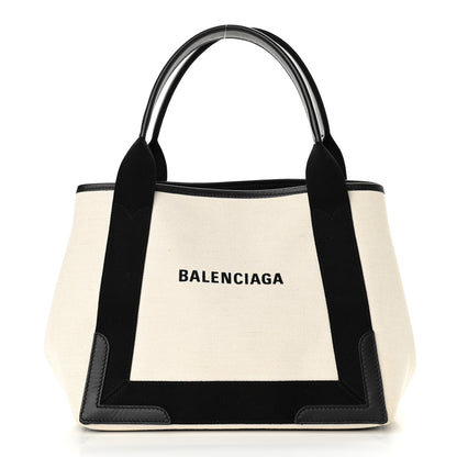 Balenciaga Cotton Canvas Satin Calfskin S Navy Cabas Natural Black 4 of 10