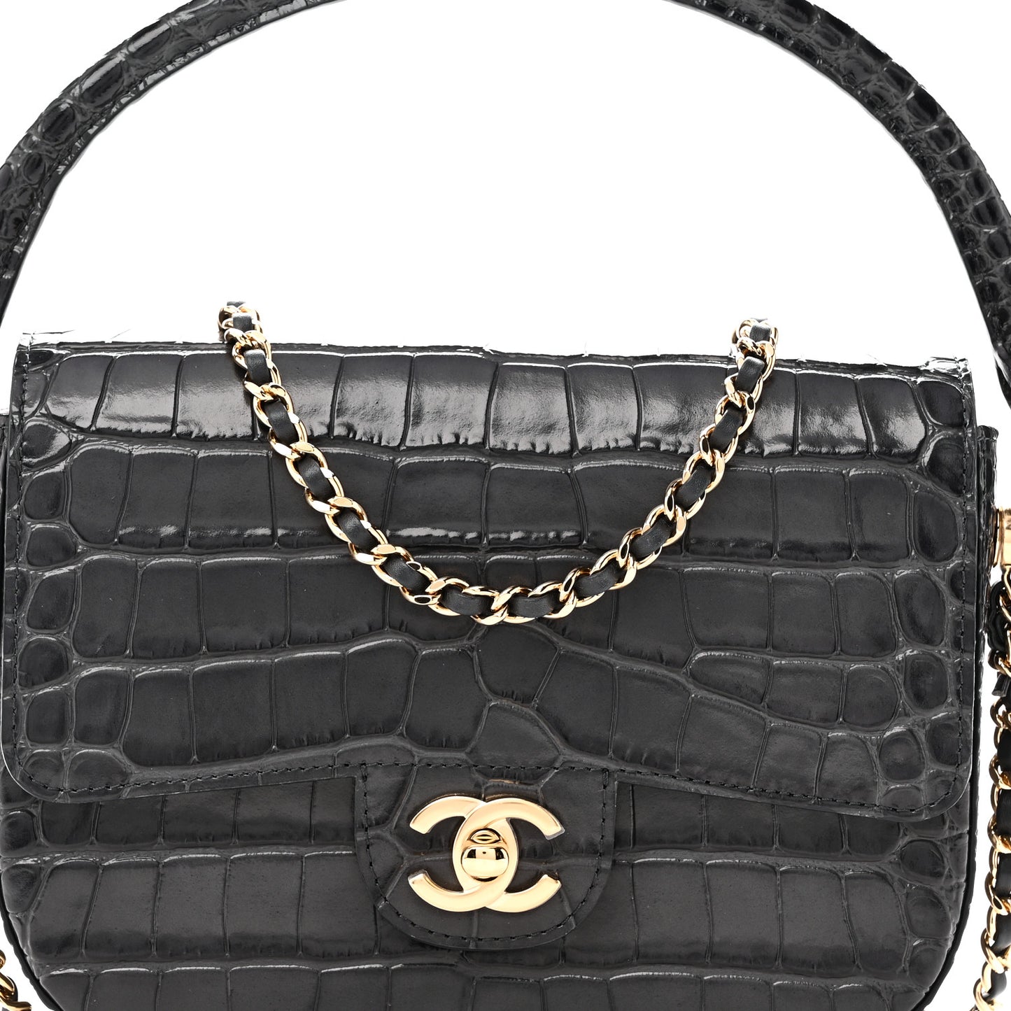 Calfskin Crocodile Embossed Turn Around Mini Flap Dark Grey