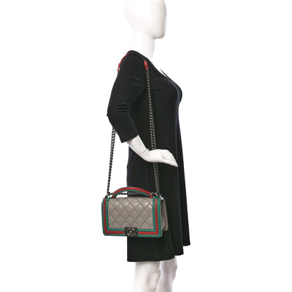 Chanel Lambskin Quilted Medium Top Handle Boy Flap Grey Green Red 2 of 10