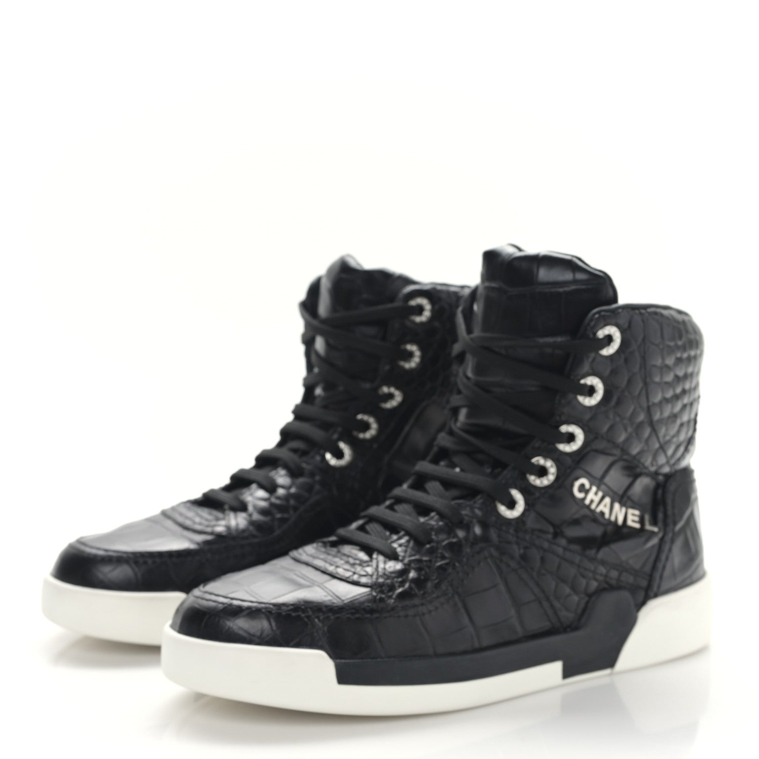 Chanel Calfskin Crocodile Embossed Cocodile High Top Sneakers 39 Black 3 of 8