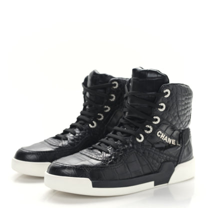 Chanel Calfskin Crocodile Embossed Cocodile High Top Sneakers 39 Black 3 of 8