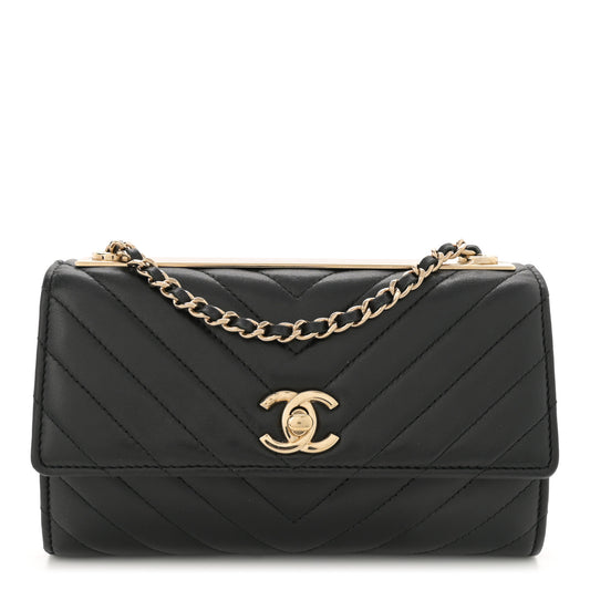 Lambskin Chevron Quilted Trendy CC Wallet On Chain WOC Black