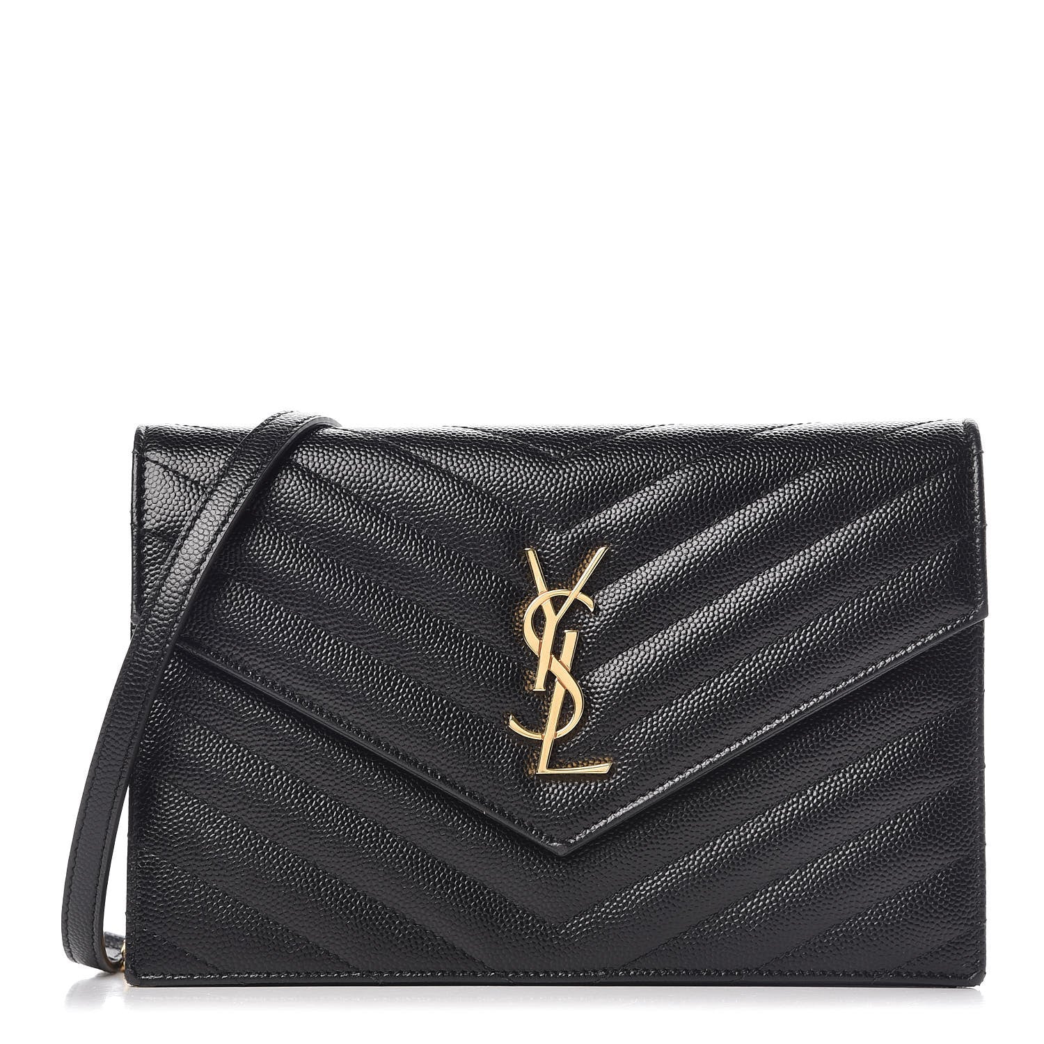 Saint Laurent Grain De Poudre Matelasse Chevron Monogram Envelope Chain Wallet Black 1 of 9