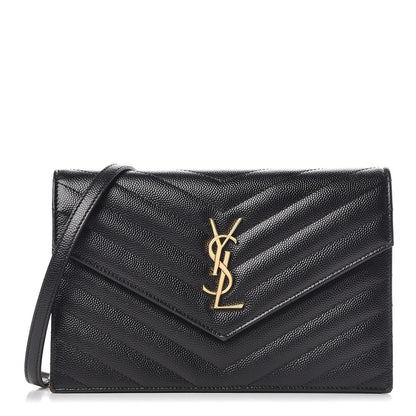 Saint Laurent Grain De Poudre Matelasse Chevron Monogram Envelope Chain Wallet Black 1 of 9