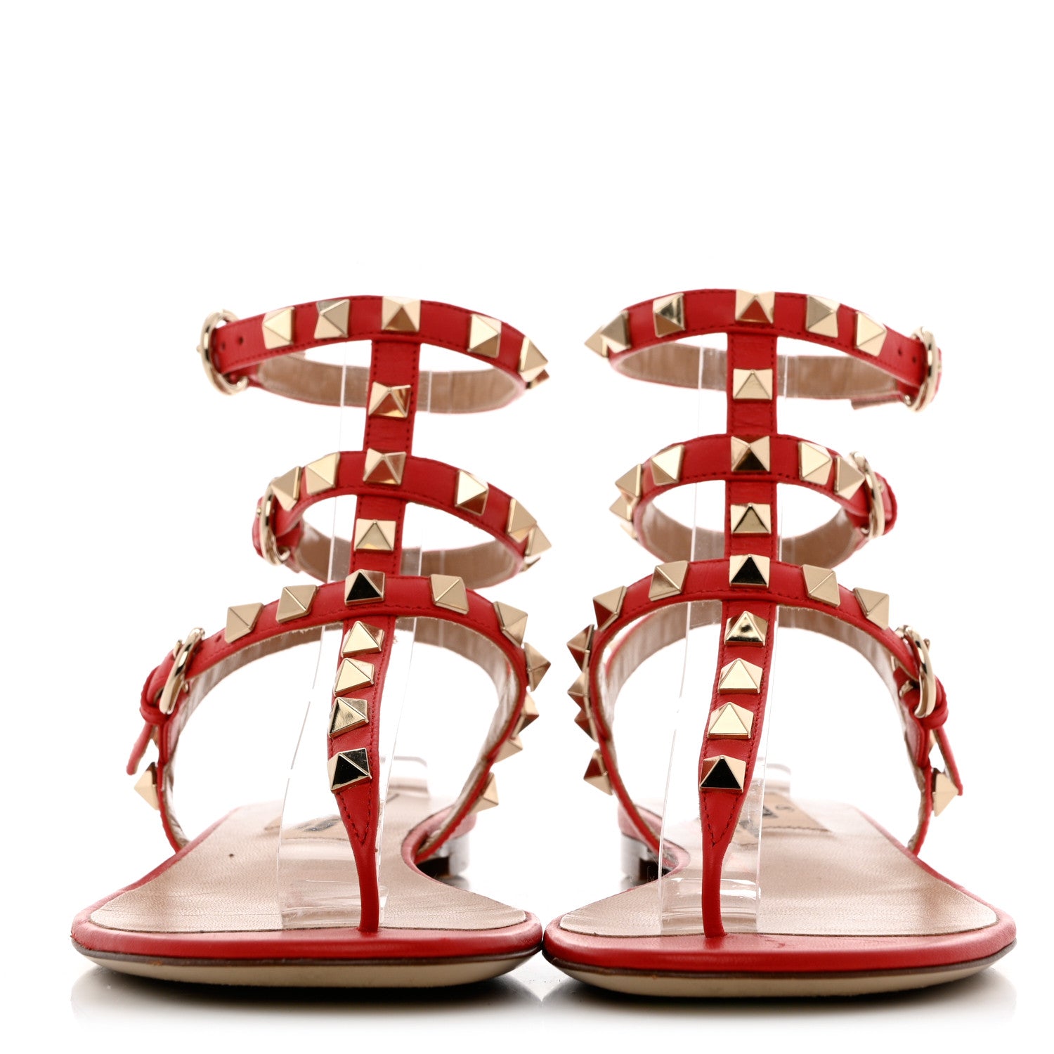 Valentino Garavani Calfskin Nappa Rockstud Ankle Wrap Flat Thong Sandals 35 Rouge Pur 2 of 10