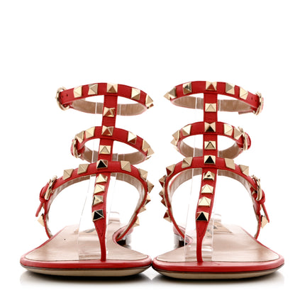 Valentino Garavani Calfskin Nappa Rockstud Ankle Wrap Flat Thong Sandals 35 Rouge Pur 2 of 10