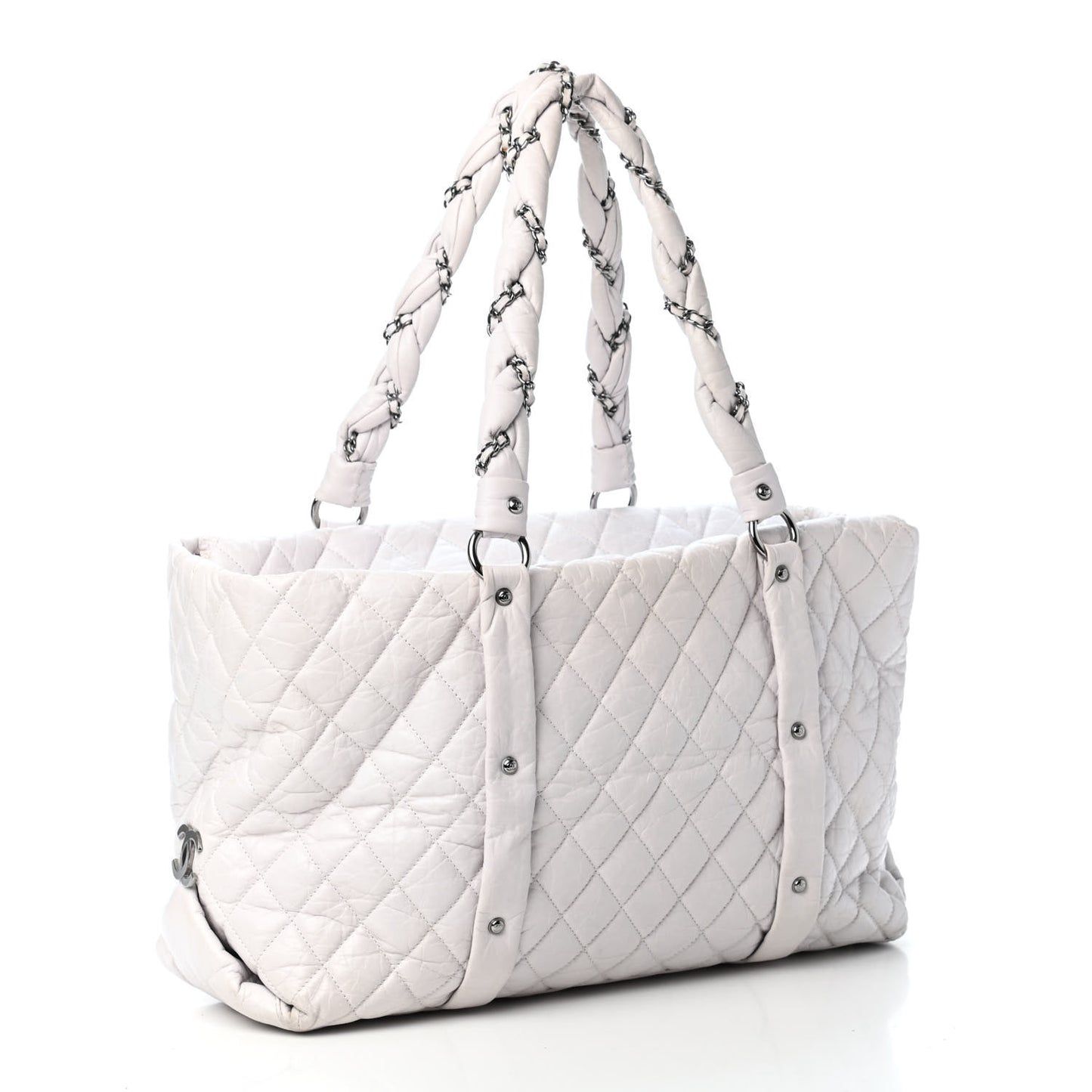 Distressed Lambskin Vintage Ligne Lady Braid XL Tote White