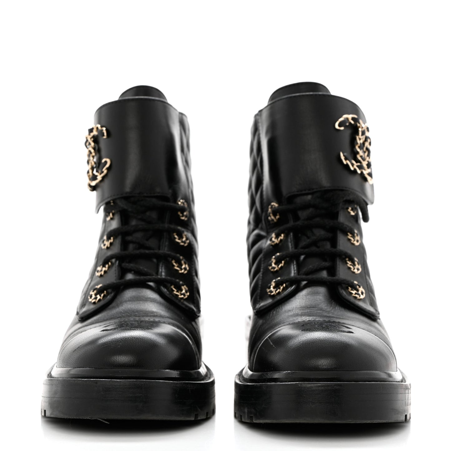 Shiny Lambskin Quilted Lace Up Combat Boots 40 Black