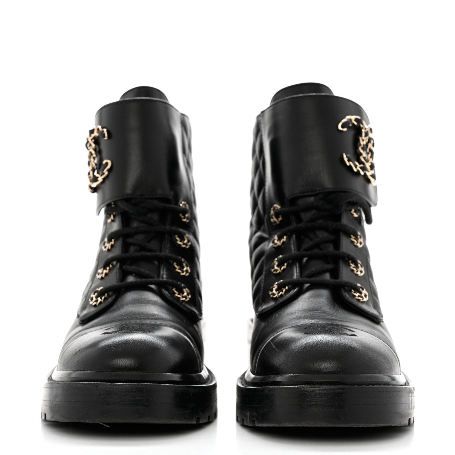 Chanel Shiny Lambskin Quilted Lace Up Combat Boots 40 Black 2 of 9