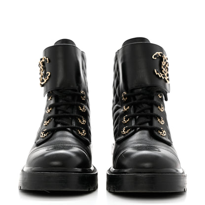 Chanel Shiny Lambskin Quilted Lace Up Combat Boots 40 Black 2 of 9