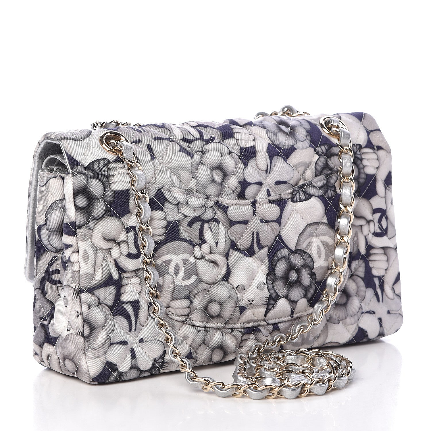 Chanel Nylon Quilted Medium Cat Emoticon Double Flap Navy Grey Ecru 3 of 10
