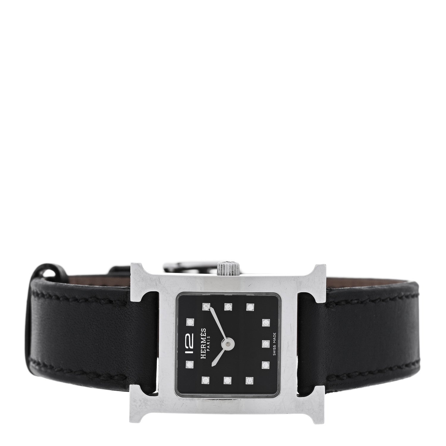 Hermes Stainless Steel Barenia Diamond 21mm Heure H Hour Quartz Watch Noir 2 of 5