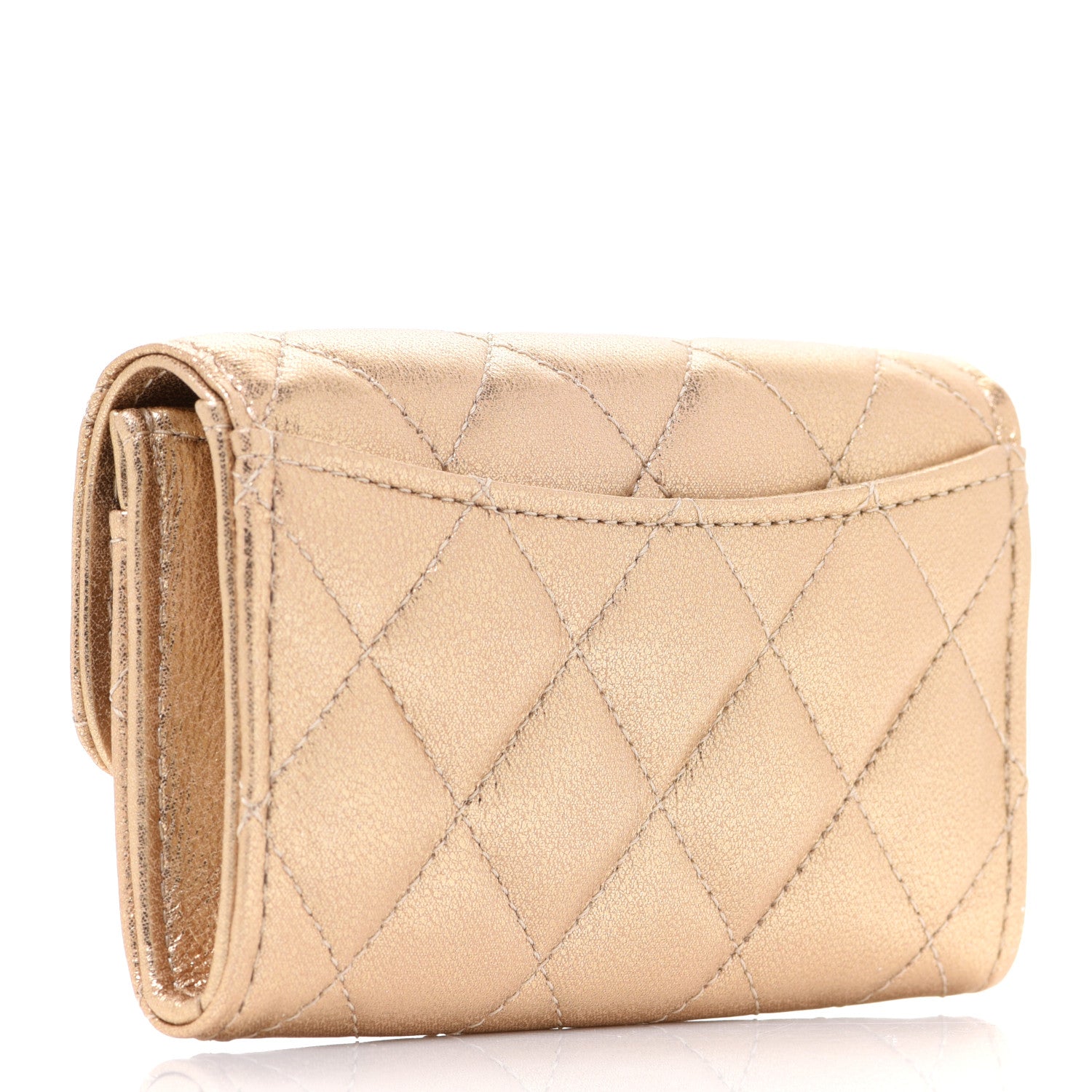 Chanel Metallic Lambskin Quilted Flap Card Holder Wallet Gold 3 of 9