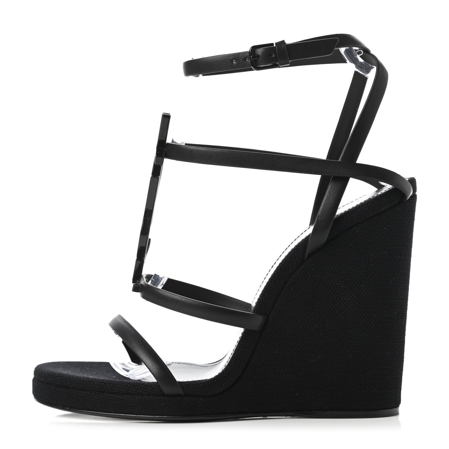 Saint Laurent Calfskin Canvas Cassandra 105 Wedge Sandals 36.5 Black 1 of 10