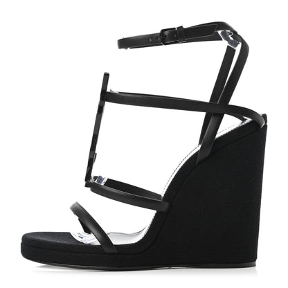 Saint Laurent Calfskin Canvas Cassandra 105 Wedge Sandals 36.5 Black 1 of 10