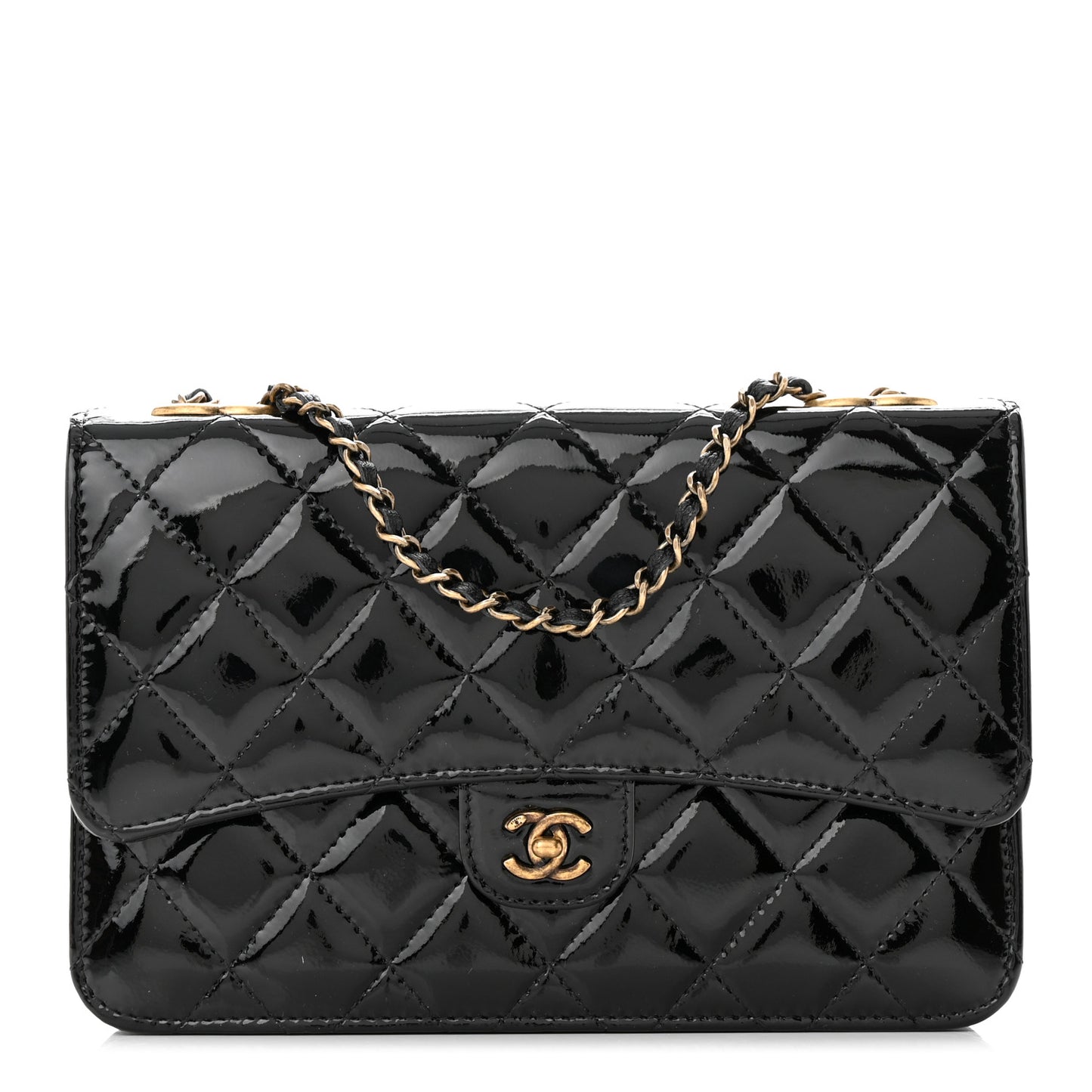 Patent Goatskin Quilted CC Eyelet Wallet On Chain WOC Black