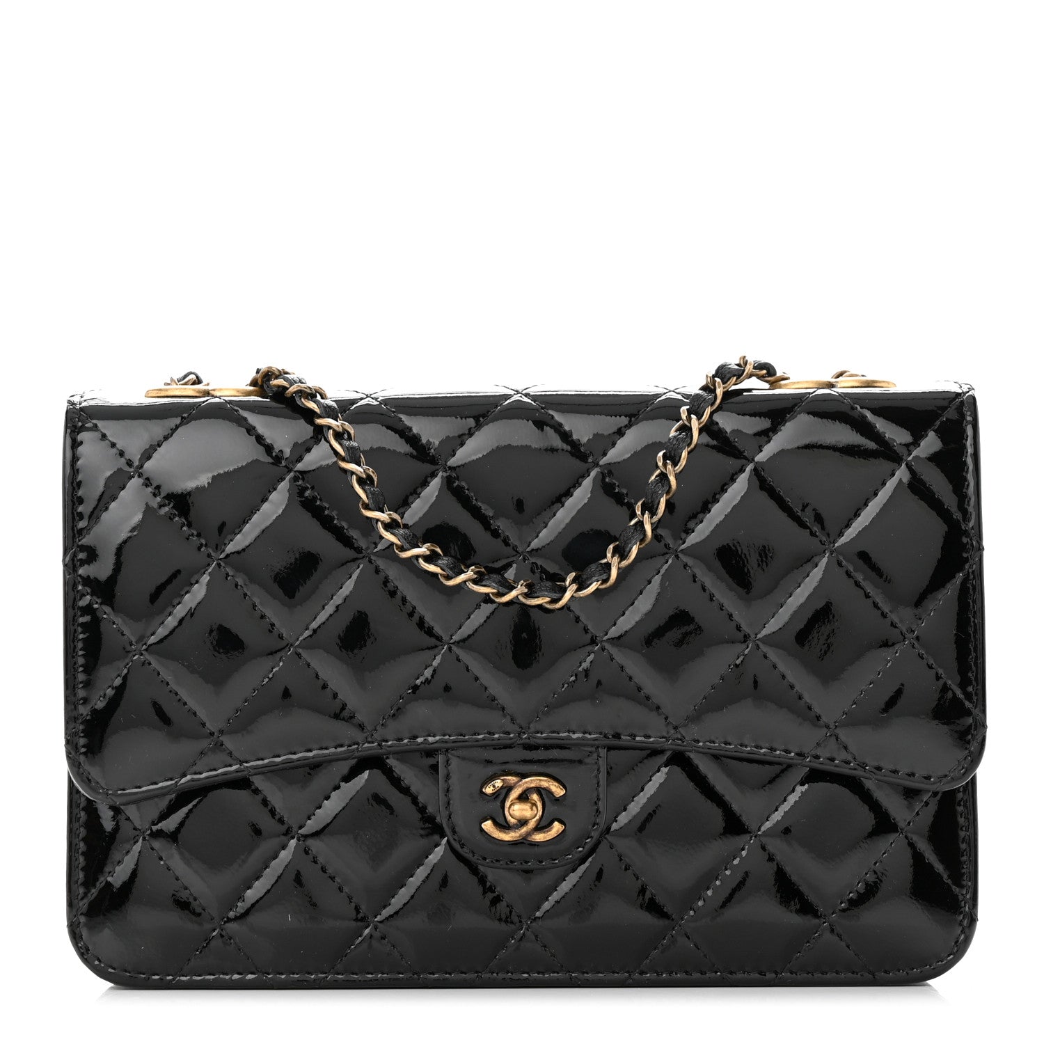 Chanel Patent Goatskin Quilted CC Eyelet Wallet On Chain WOC Black 1 of 11