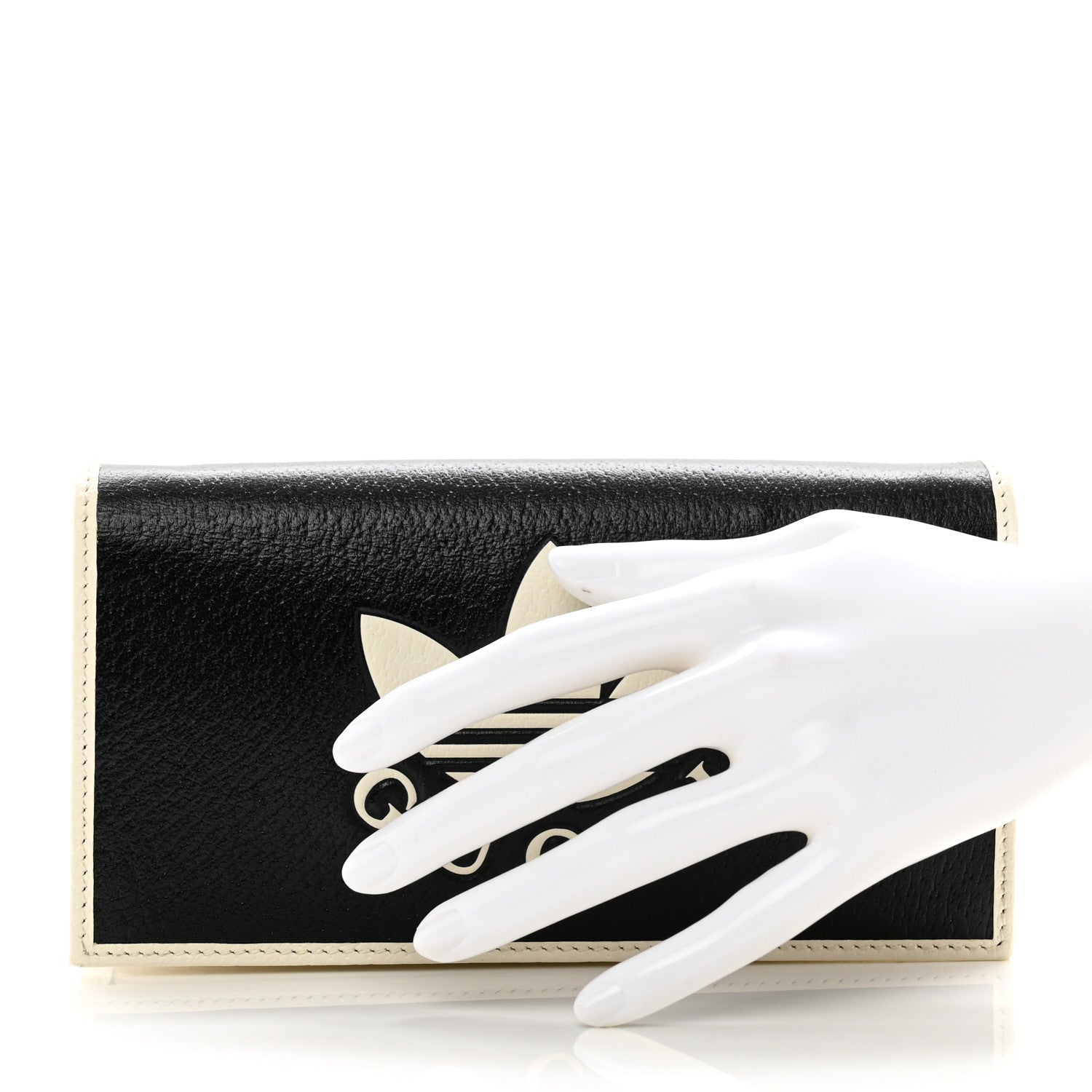 Gucci X ADIDAS Textured Dollar Calfskin Trefoil Embossed Wallet On Chain Black Off White 2 of 7