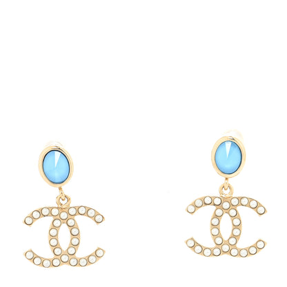 Chanel Crystal Pearl CC Drop Earrings Blue Gold 1 of 4
