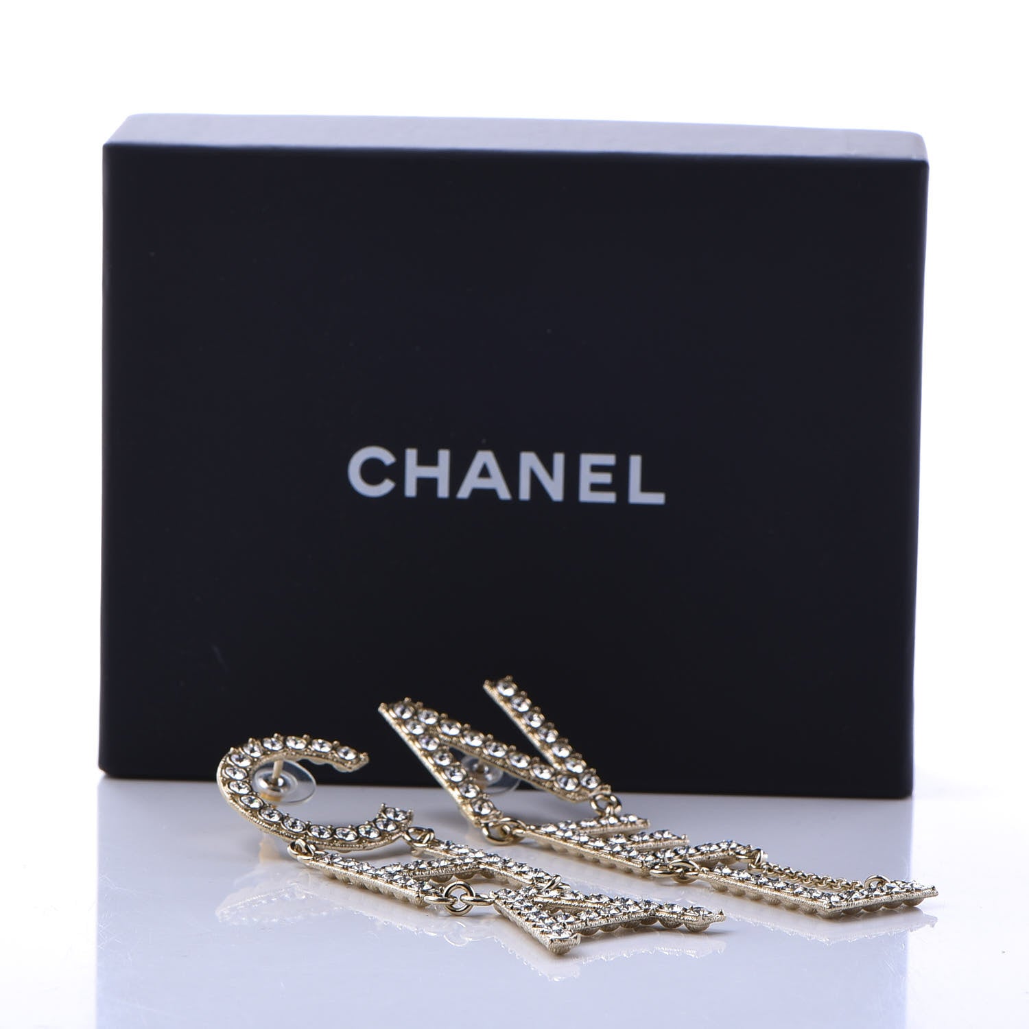 Chanel Crystal Cha-Nel Logo Drop Earrings Gold 5 of 5
