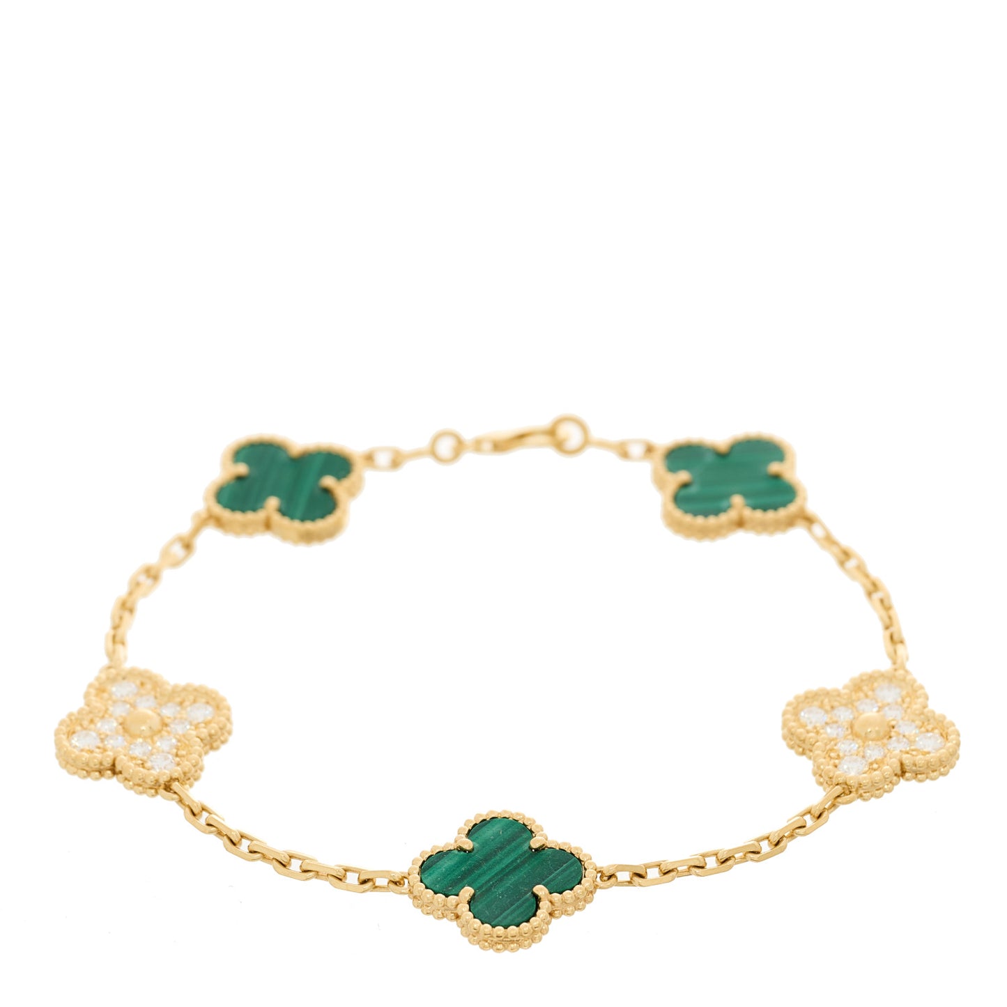 18K Yellow Gold Diamond Malachite 5 Motifs Vintage Alhambra Bracelet