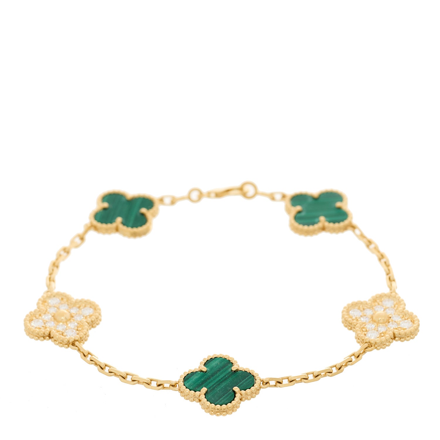 Van Cleef & Arpels 18K Yellow Gold Diamond Malachite 5 Motifs Vintage Alhambra Bracelet 1 of 4