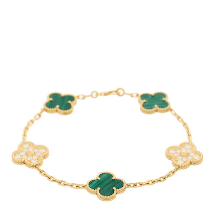 Van Cleef & Arpels 18K Yellow Gold Diamond Malachite 5 Motifs Vintage Alhambra Bracelet 1 of 4