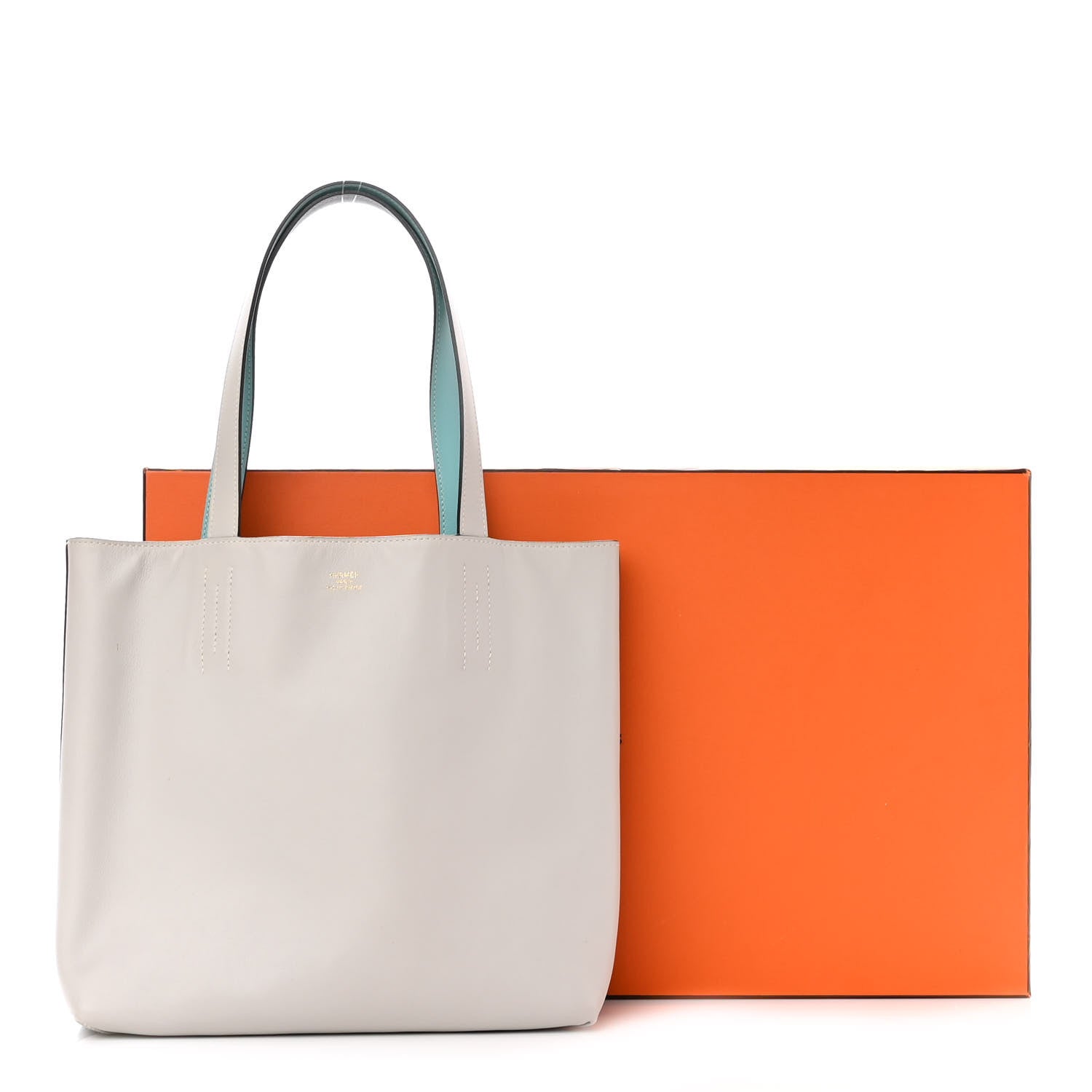 Hermes Veau Sikkim Swift Double Sens 30 Reversible Tote Gris Perle Colvert Bleu Atoll 9 of 9