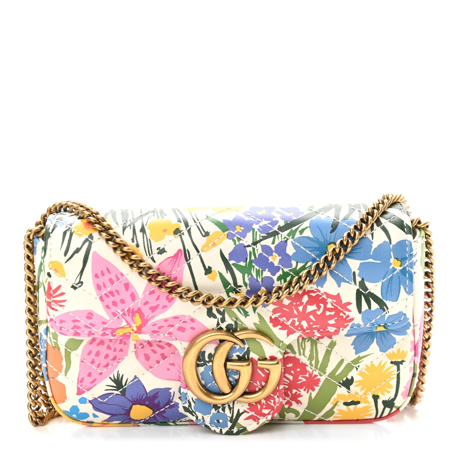 Gucci X KEN SCOTT Calfskin Matelasse Floral Print Super Mini GG Marmont Shoulder Bag Ivory Pink 1 of 11