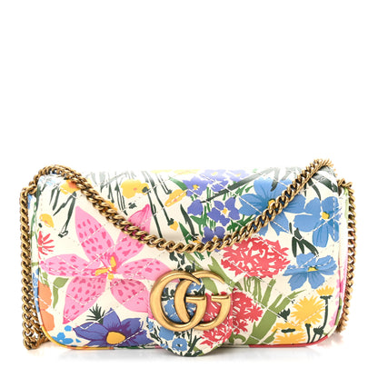 Gucci X KEN SCOTT Calfskin Matelasse Floral Print Super Mini GG Marmont Shoulder Bag Ivory Pink 1 of 11